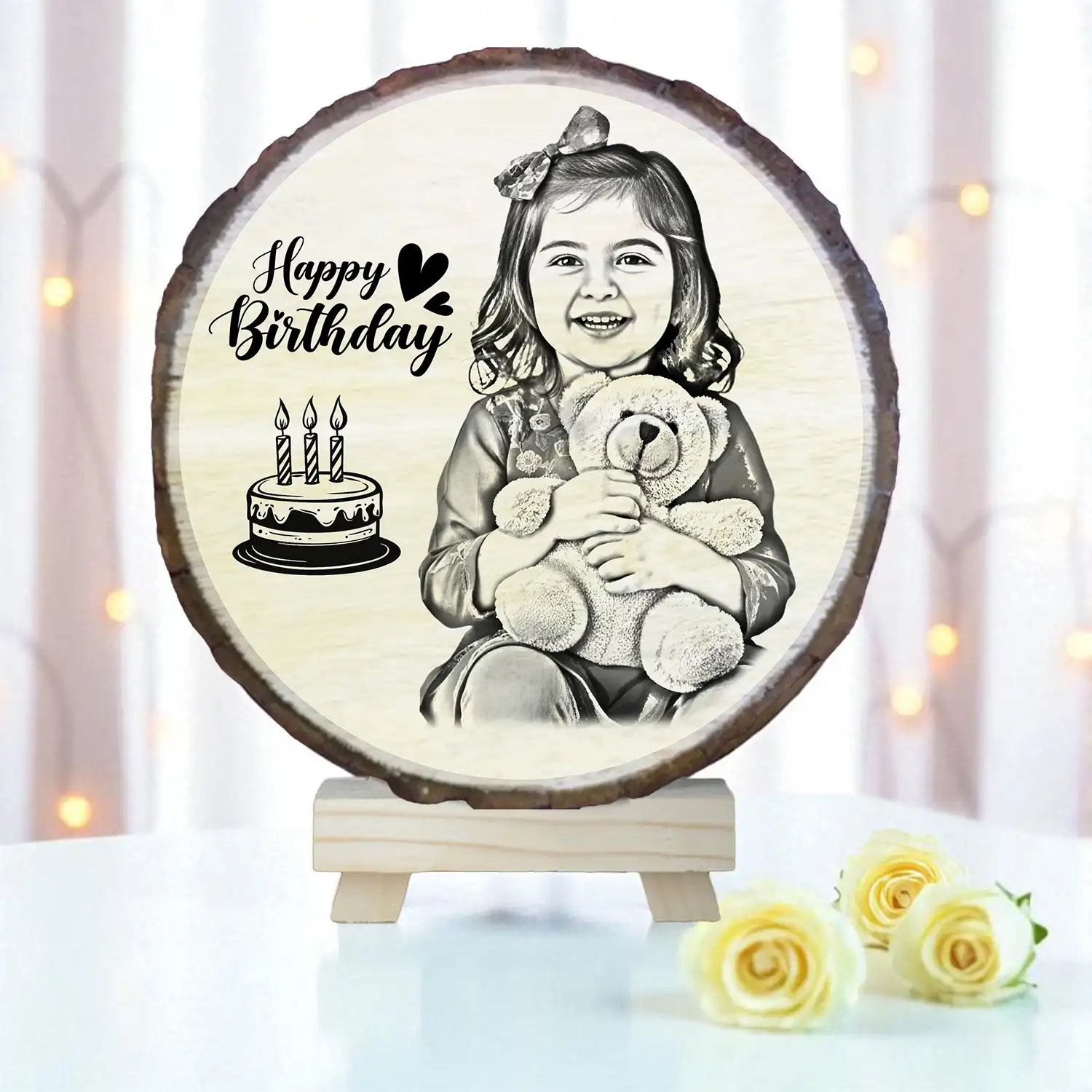Personalised Natural White base Wood Round Engraved Photo Frame 8Inch