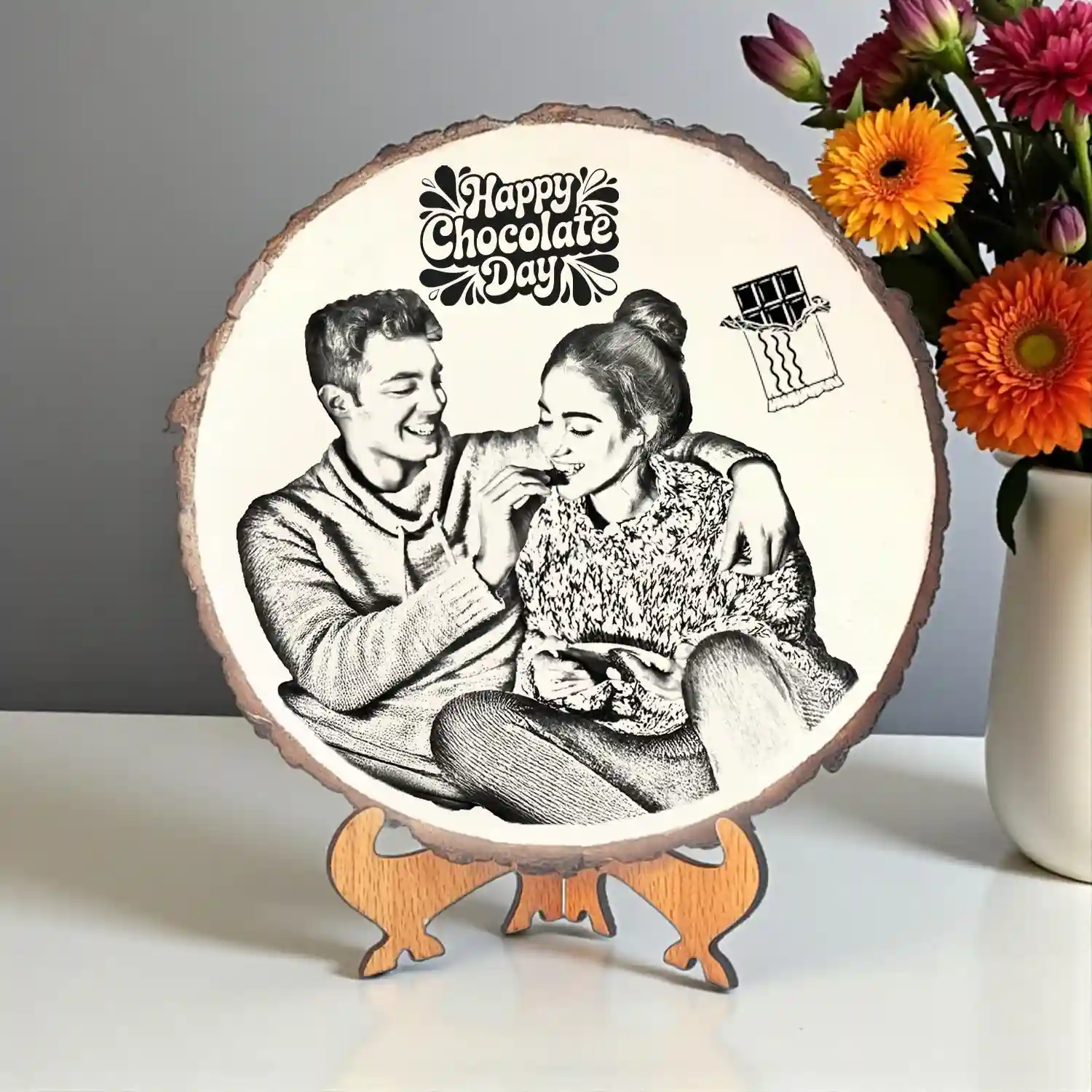 Personalised Natural White base Wood Round Engraved Photo Frame 8Inch